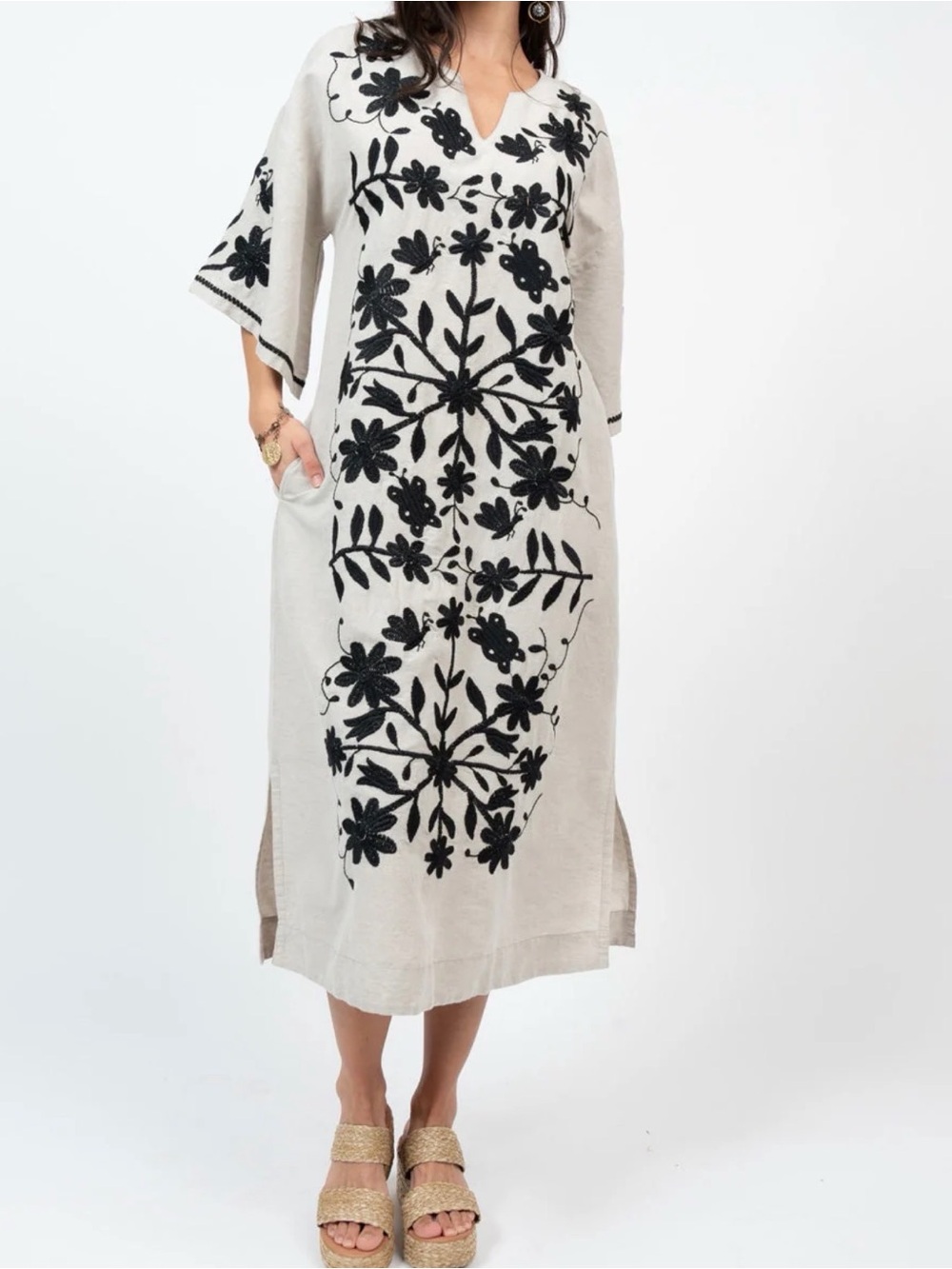 SISTER MARY marta natural maxi dress in natural with black embroidery size XL